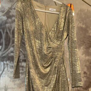 Calvin Klein Faux-Wrap Metallic Dress